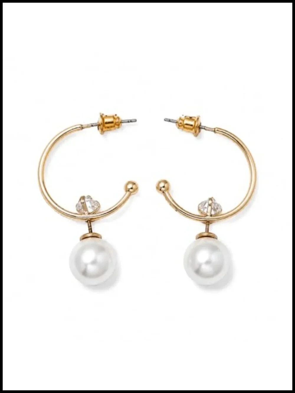 Faux Pearl Hoop Earrings with Crystal Accent, Gold-Tone Finish, Lightweight